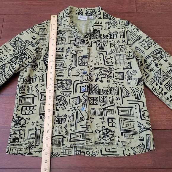 Chico's Green & Black Printed Button-Up Linen & Silk Artsy Top Women's Size M - Picture 10 of 11